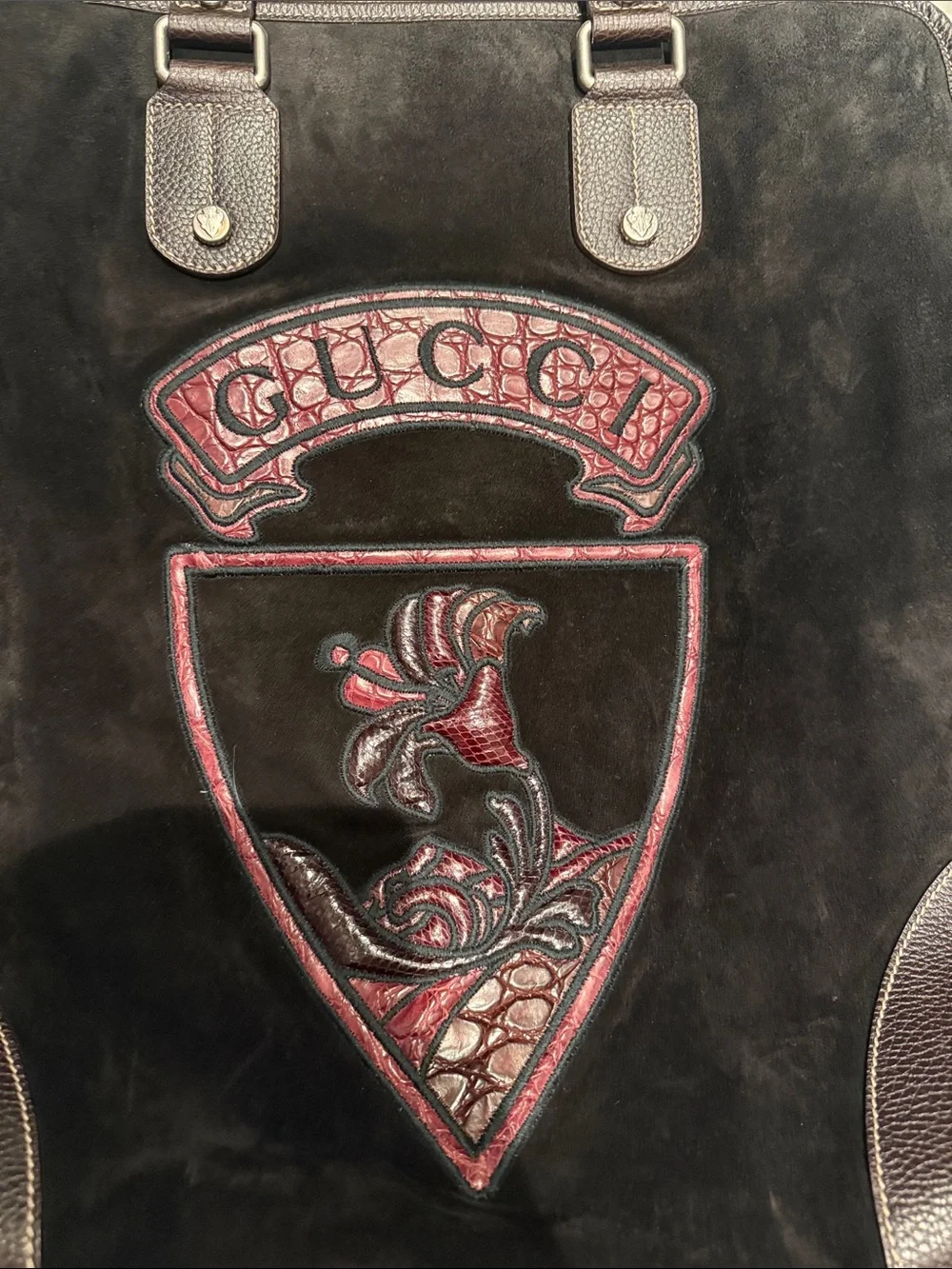Gucci Brown and Burgundy Suede Shield Tote Bag